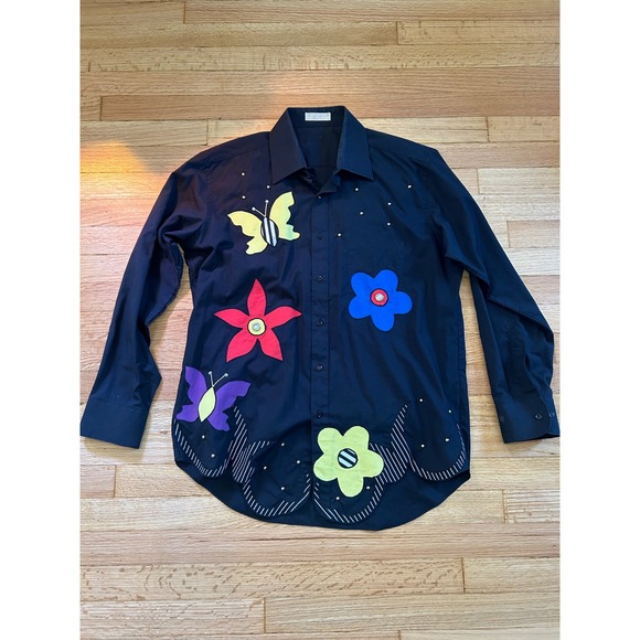 Tops - Vintage Butterfly Flower Applique Scalloped Hem Button Down Shirt Black